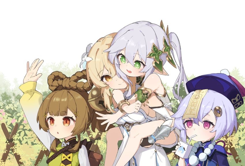 lumine, nahida, qiqi, and yaoyao (genshin impact) drawn by biluoyao