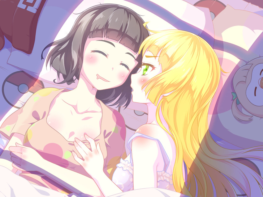lillie, selene, rowlet, and minami kotori (pokemon and 3 more) drawn by senba_hikari