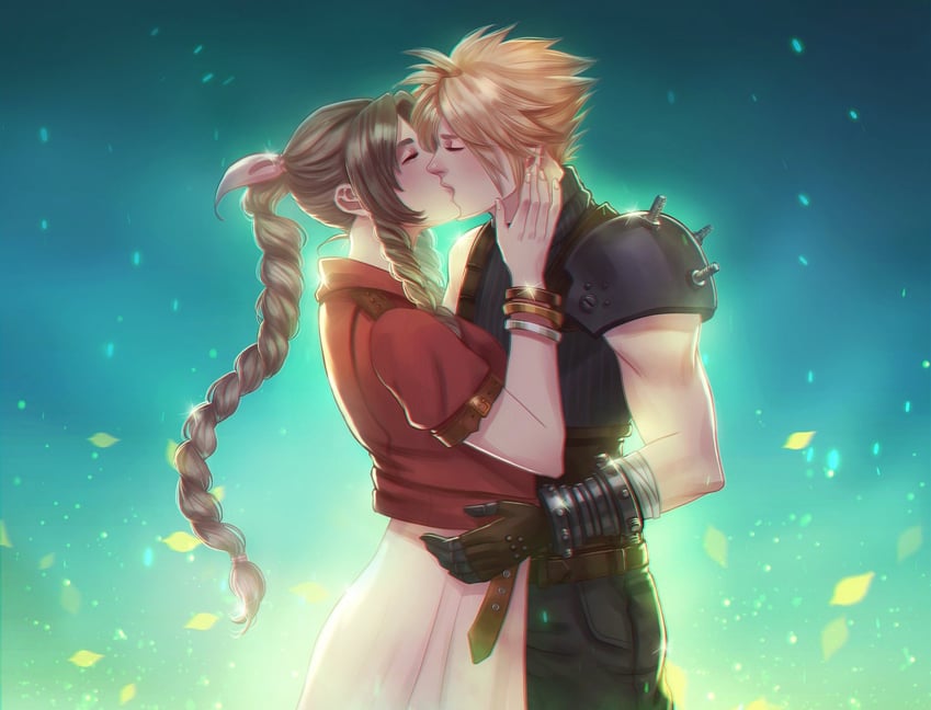 cloud strife and aerith gainsborough (final fantasy and 2 more) drawn by almond_aulait