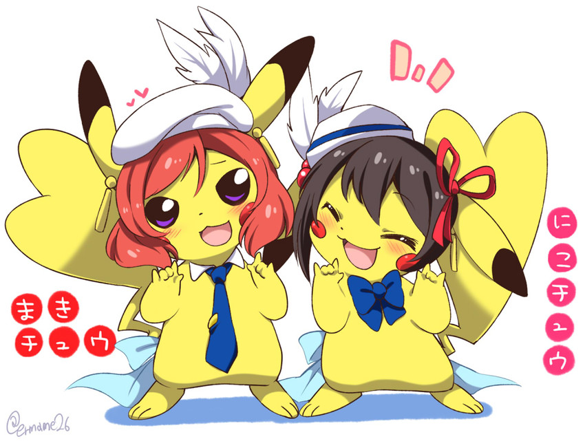 pikachu, nishikino maki, and yazawa nico (pokemon and 2 more) drawn by eromame