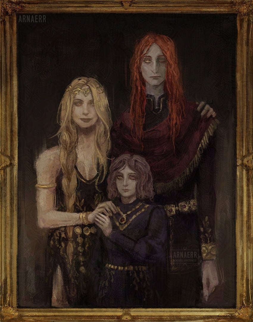 melina, queen marika the eternal, and messmer the impaler (elden ring and 1 more) drawn by arnaerr