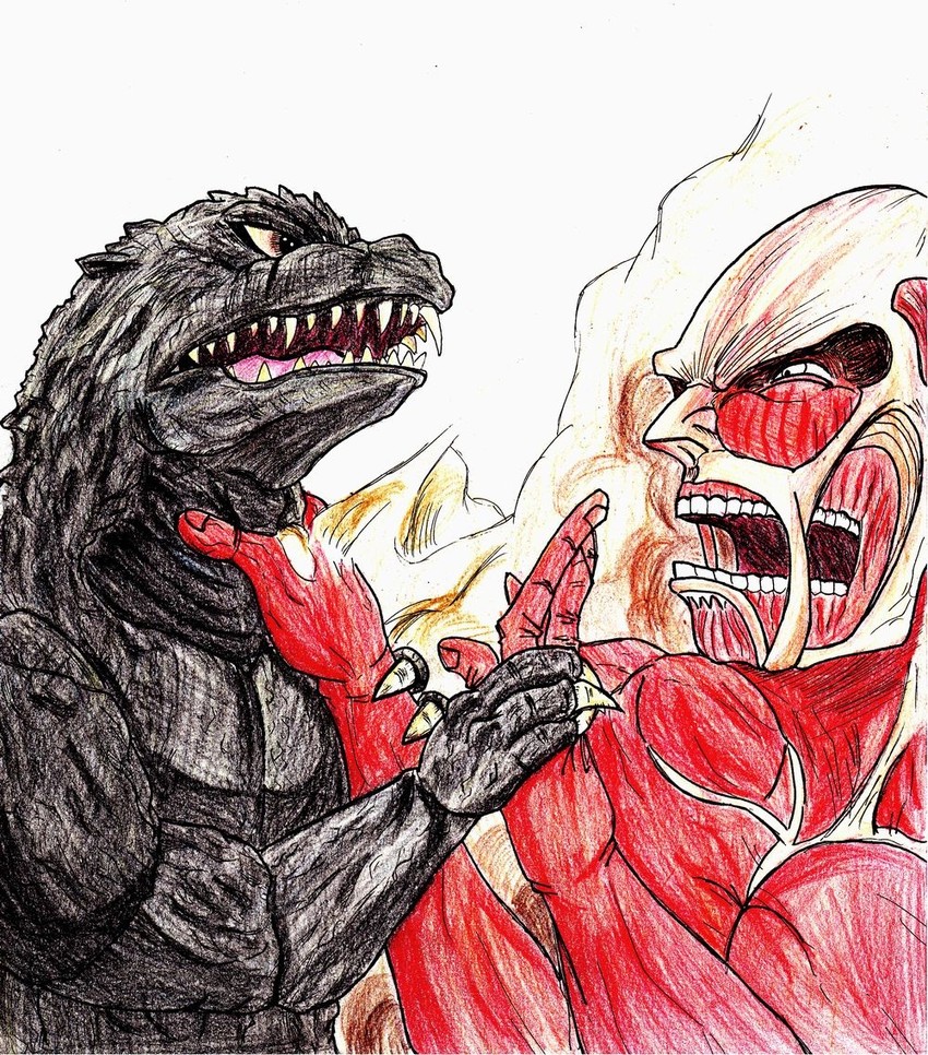 godzilla, titan, and colossal titan (shingeki no kyojin and 1 more) drawn by greymon_(nodoame1215)