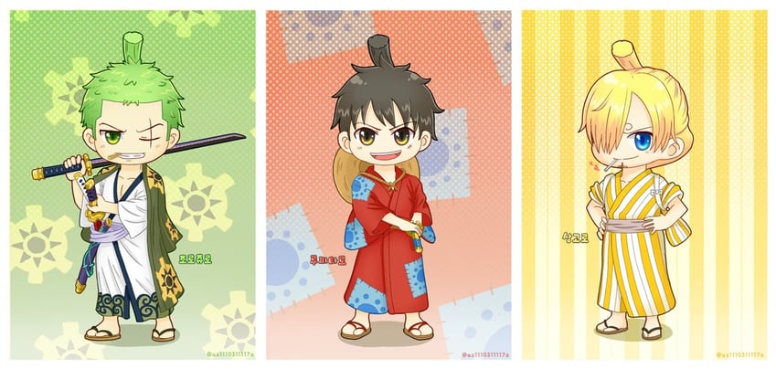 monkey d. luffy, roronoa zoro, and sanji (one piece) drawn by as1110311117o