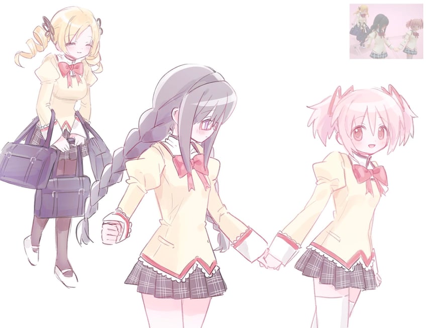 akemi homura, kaname madoka, and tomoe mami (mahou shoujo madoka magica) drawn by mipi_(u3u_00)