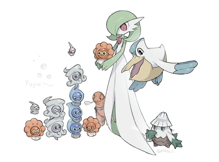 gardevoir, puyo, torkoal, pelipper, castform, and 1 more (pokemon and 1 more) drawn by sok_(mr14_c)