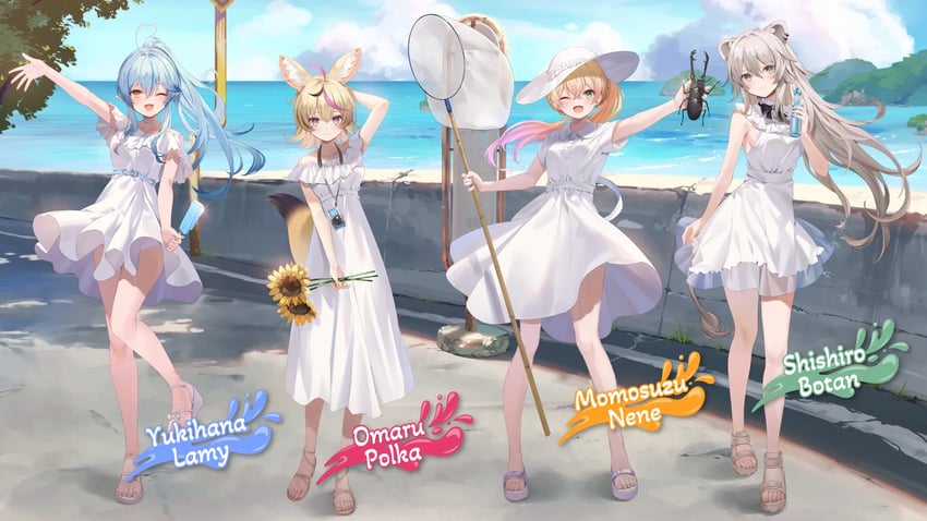 yukihana lamy, shishiro botan, omaru polka, and momosuzu nene (hololive) drawn by kanda_done