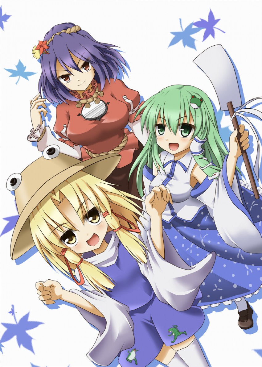 kochiya sanae, moriya suwako, and yasaka kanako (touhou) drawn by banshio