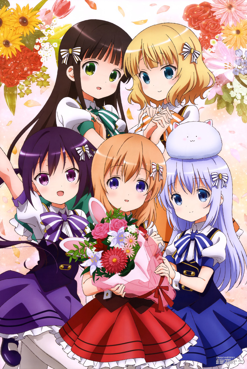 kafuu chino, hoto cocoa, kirima syaro, tippy, tedeza rize, and 1 more (gochuumon wa usagi desu ka? and 1 more) drawn by okuda_yousuke