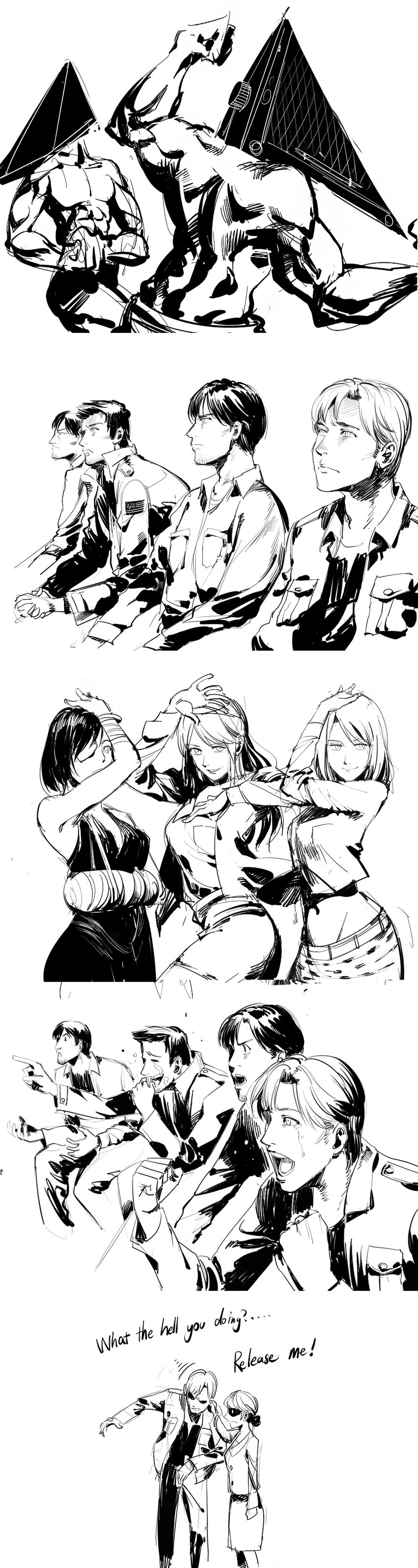 pyramid head, james sunderland, henry townshend, maria, eileen galvin, and 4 more (silent hill 2 and 4 more) drawn by ruukii_drift