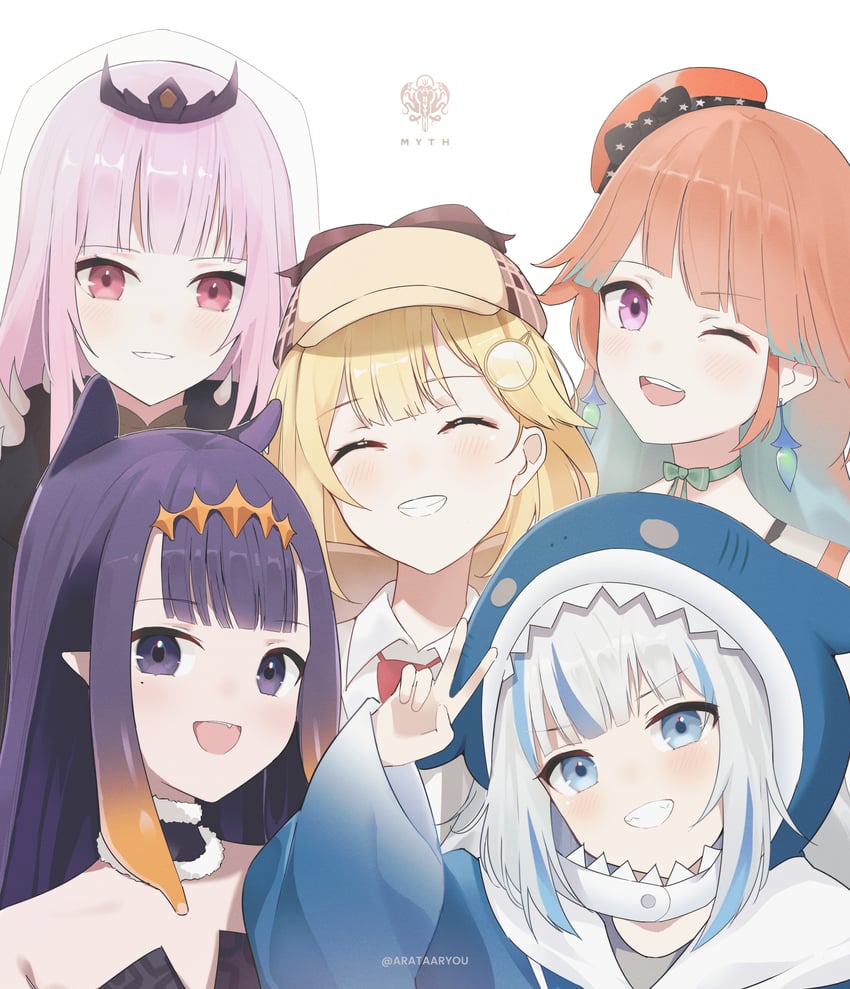 gawr gura, mori calliope, ninomae ina'nis, takanashi kiara, and watson amelia (hololive and 1 more) drawn by arata_ryou
