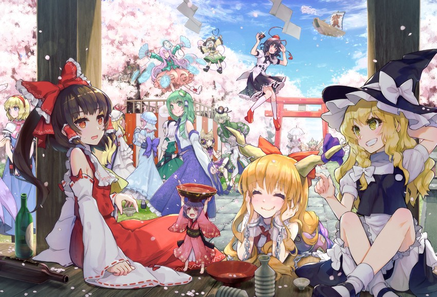 hakurei reimu, kirisame marisa, remilia scarlet, izayoi sakuya, kochiya sanae, and 15 more (touhou) drawn by syuri22