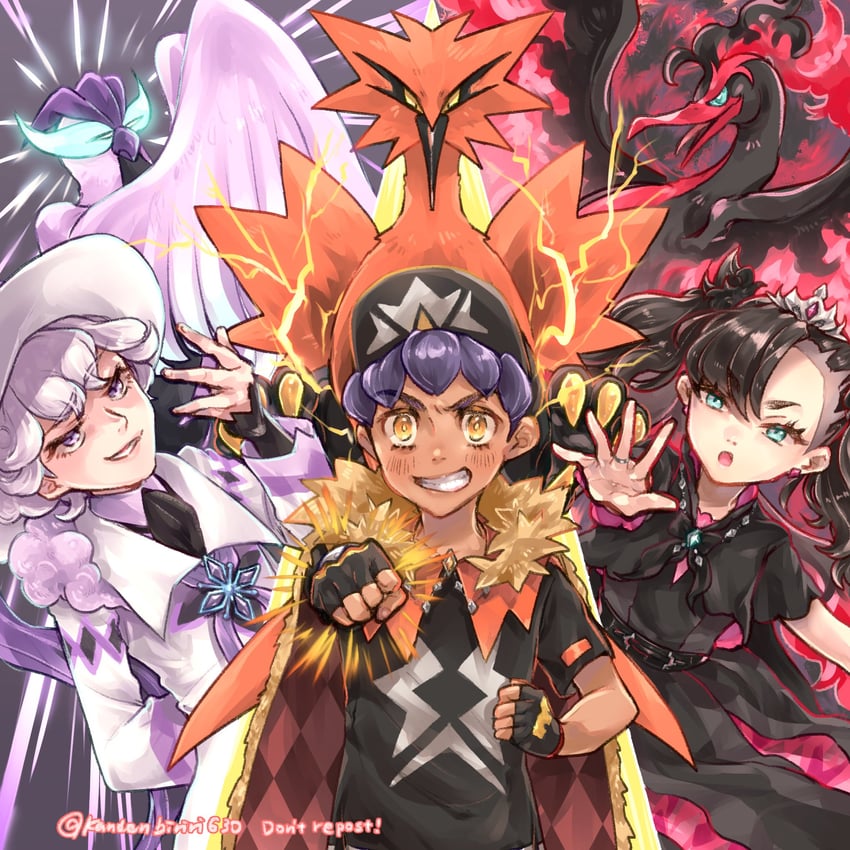 galarian moltres, galarian zapdos, galarian articuno, marnie, bede, and 1 more (pokemon and 1 more) drawn by kandenbiriri630
