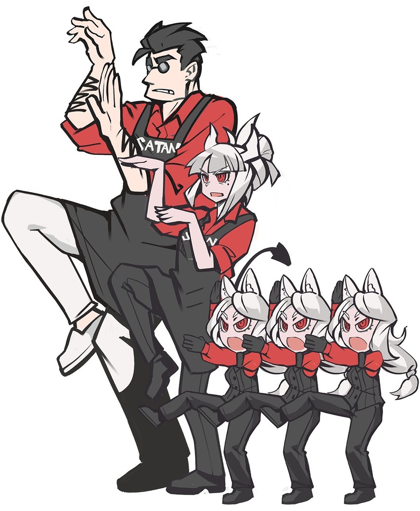 lucifer, helltaker, and cerberus (helltaker and 1 more) drawn by goomrrat