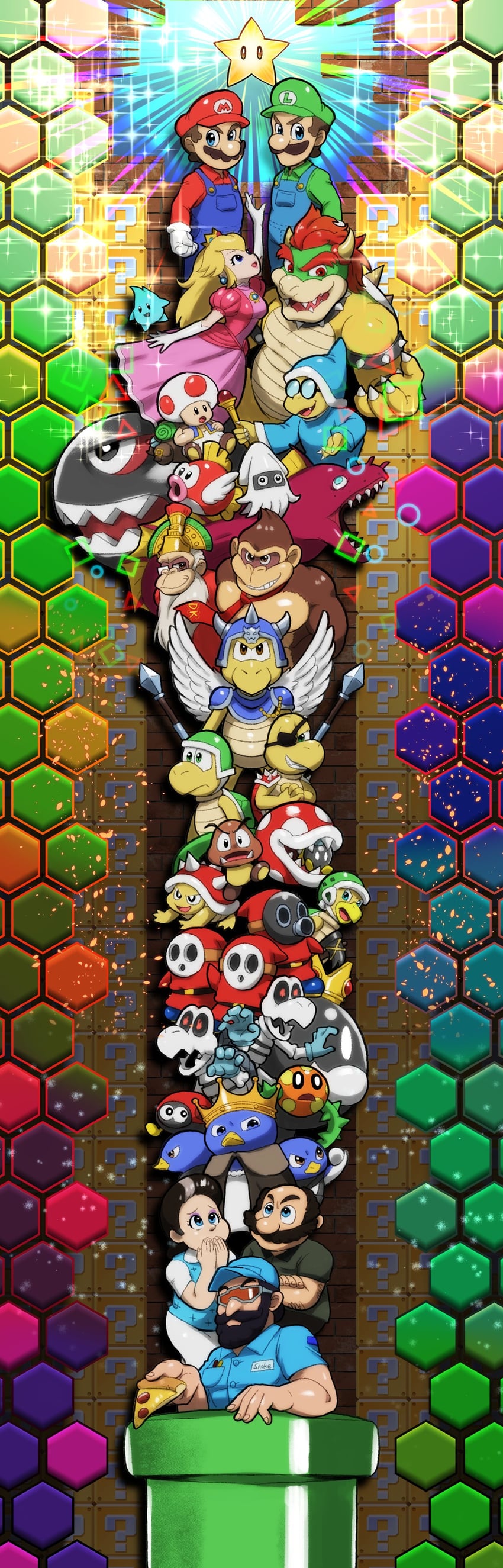 princess peach, mario, luigi, bowser, toad, and 26 more (jojo no kimyou na bouken and 3 more) drawn by p_on_kome