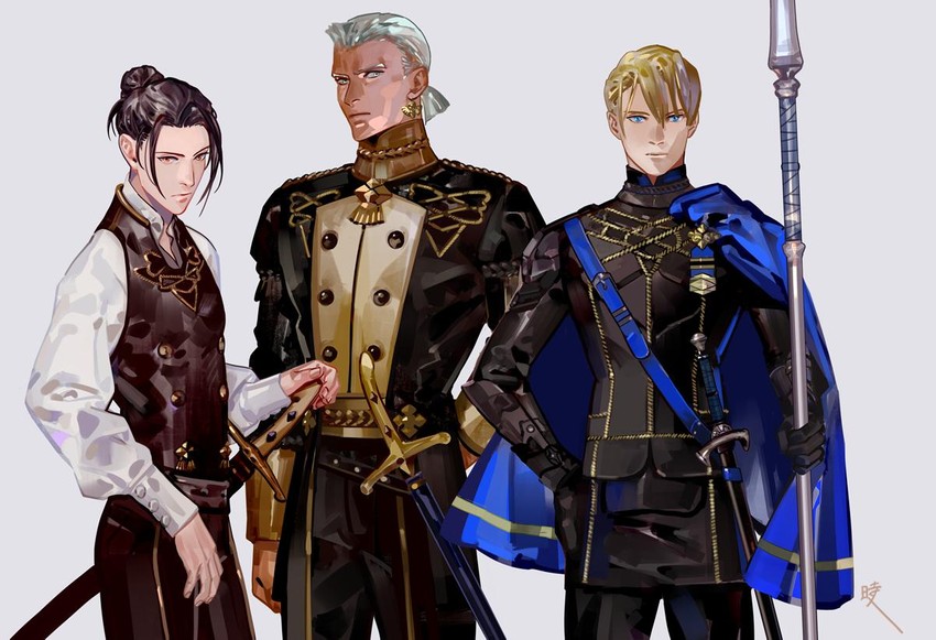 dimitri alexandre blaiddyd, felix hugo fraldarius, and dedue molinaro (fire emblem and 1 more) drawn by saiga_tokihito