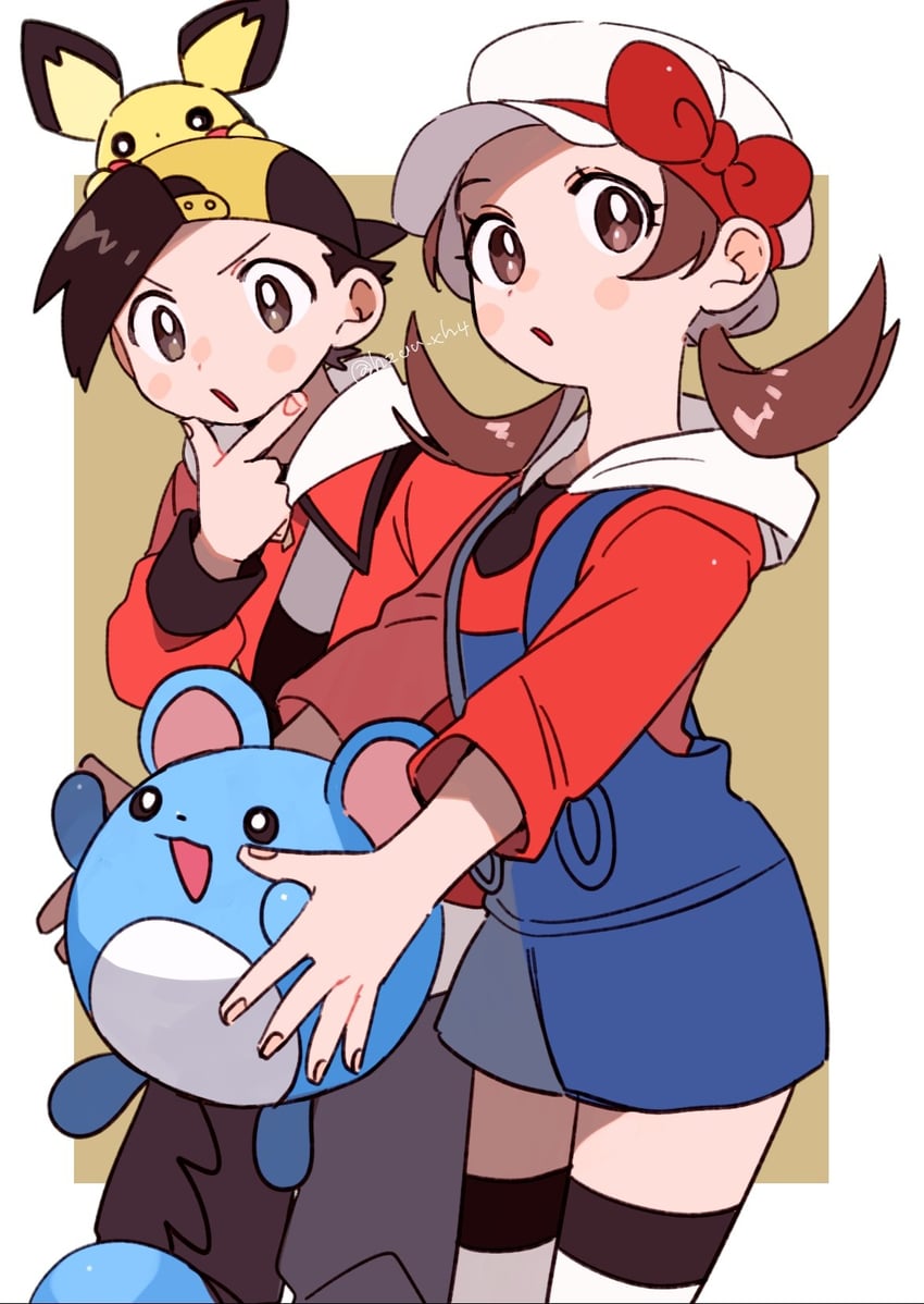 ethan, lyra, pichu, and marill (pokemon and 1 more) drawn by momotose_(hzuu_xh4)
