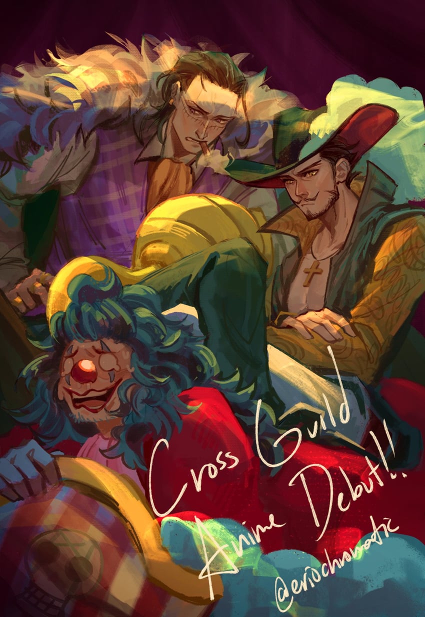 crocodile, buggy the clown, and dracule mihawk (one piece) drawn by eriochromatic
