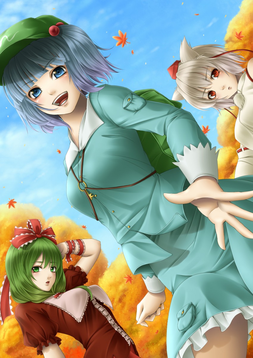 inubashiri momiji, kawashiro nitori, and kagiyama hina (touhou) drawn by mochi.f
