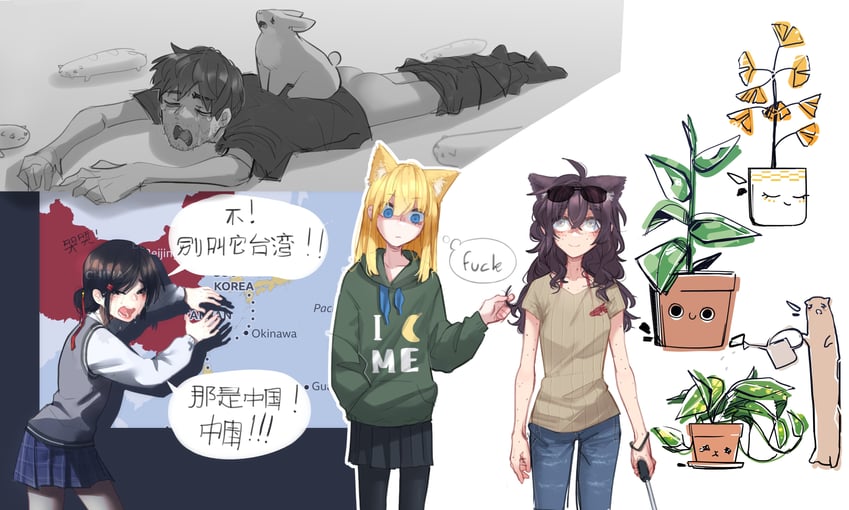 sophie, erika, cat baguette, and popopoka (original) drawn by popopoka