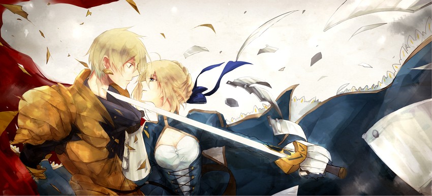 artoria pendragon, saber, and gilgamesh (fate and 2 more) drawn by 9tsumura