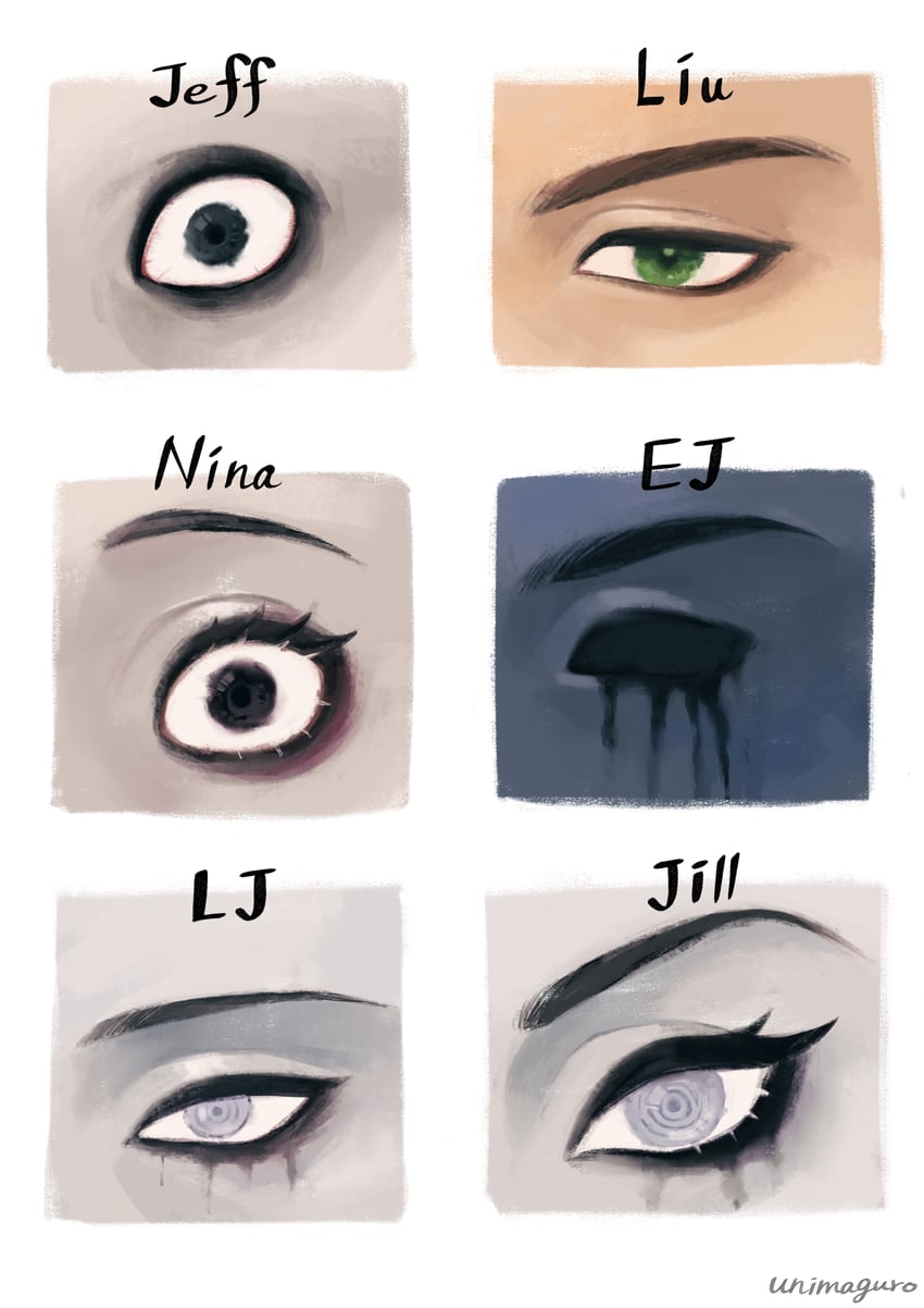 jeff the killer, nina the killer, eyeless jack, laughing jack, homicidal liu, and 1 more (creepypasta) drawn by unimagurooo