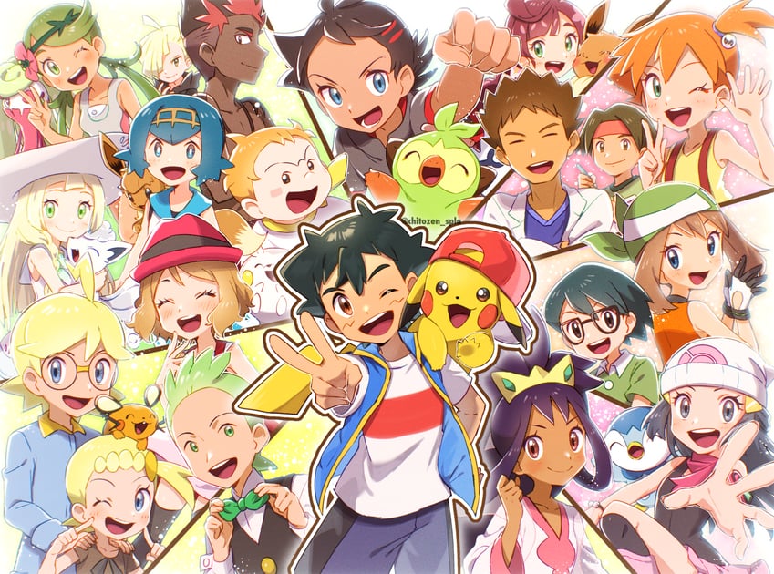 pikachu, dawn, lillie, may, ash ketchum, and 22 more (pokemon and 6 more) drawn by chitozen_(pri_zen)