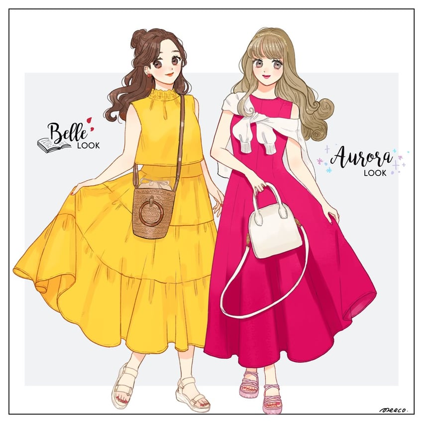 belle and aurora (sleeping beauty and 1 more) drawn by meecosme