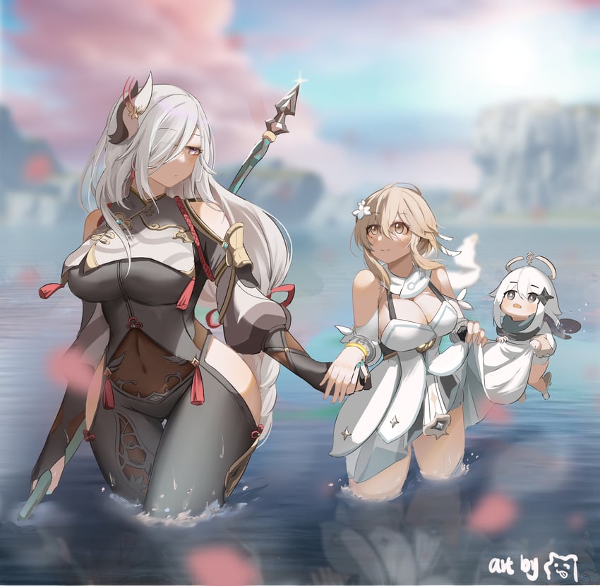 lumine, paimon, and shenhe (genshin impact) drawn by shi_jie