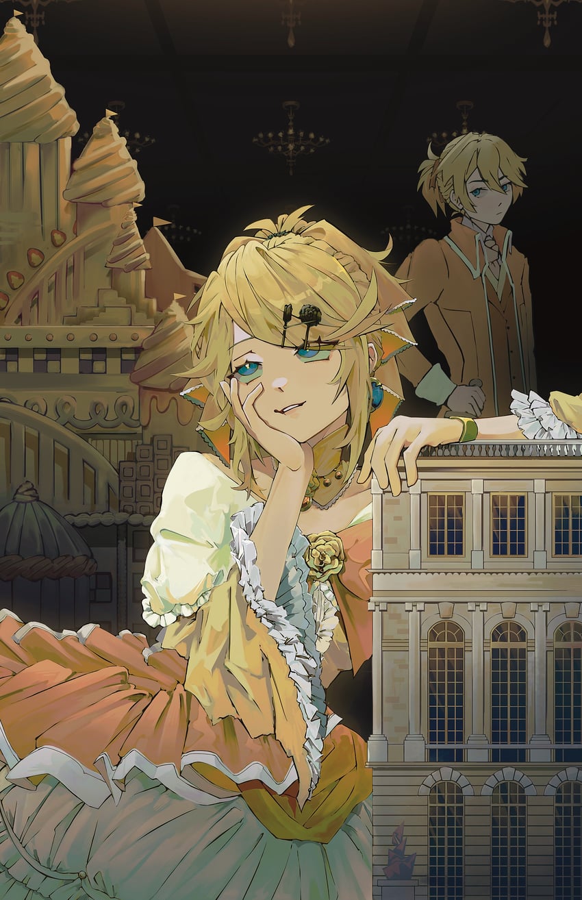 kagamine rin, kagamine len, riliane lucifen d'autriche, and allen avadonia (vocaloid and 3 more) drawn by kazuriae