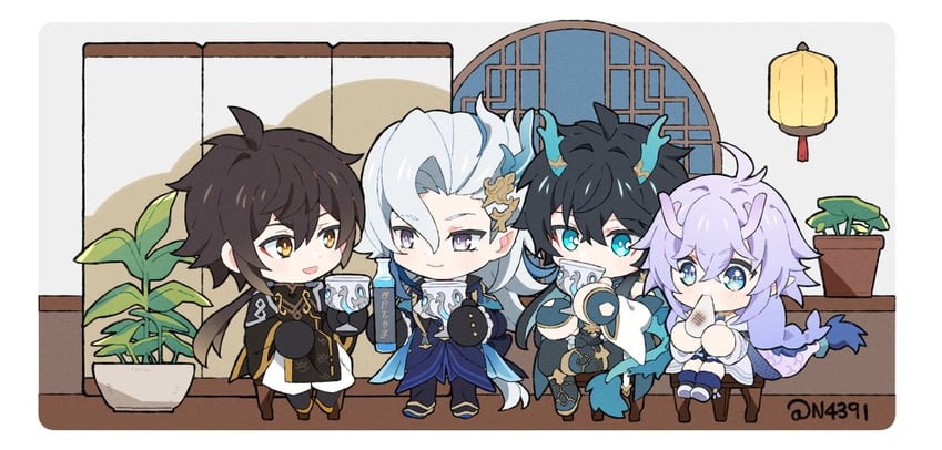 zhongli, dan heng, neuvillette, and bailu (genshin impact and 3 more) drawn by n4391
