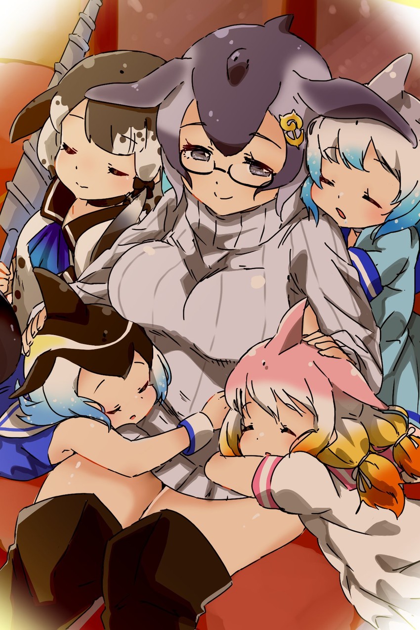 common dolphin, common bottlenose dolphin, narwhal, blue whale, and chinese white dolphin (kemono friends) drawn by hakoneko_(marisa19899200)