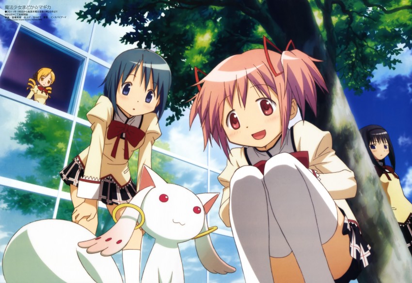 akemi homura, kaname madoka, miki sayaka, tomoe mami, and kyubey (mahou shoujo madoka magica and 1 more) drawn by takahashi_mika