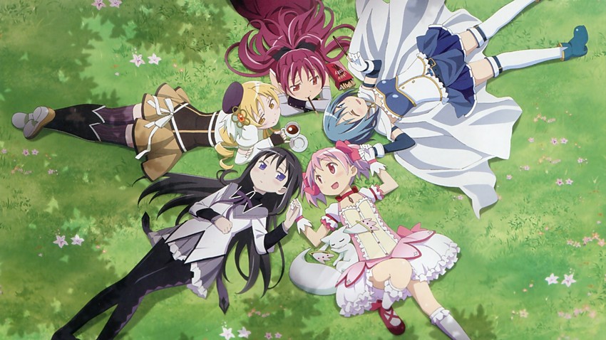 akemi homura, kaname madoka, miki sayaka, sakura kyoko, tomoe mami, and 1 more (mahou shoujo madoka magica) drawn by nakamura_naoto