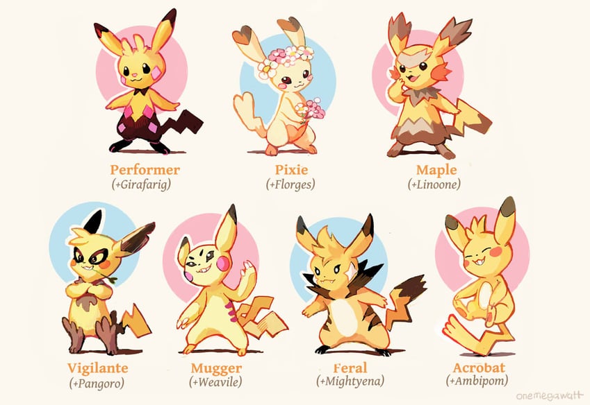 pikachu, weavile, mightyena, girafarig, florges, and 3 more (pokemon) drawn by onemegawatt
