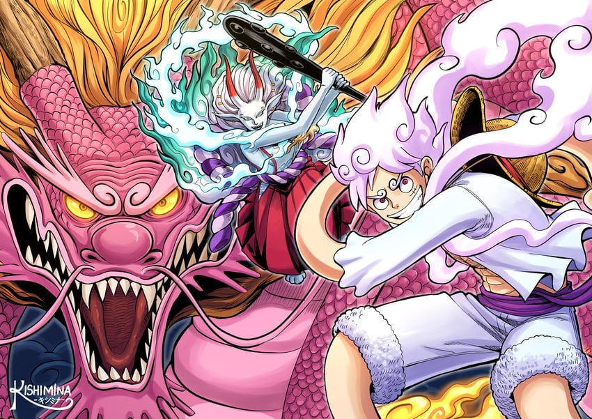 monkey d. luffy, yamato, and kouzuki momonosuke (one piece) drawn by kishimina