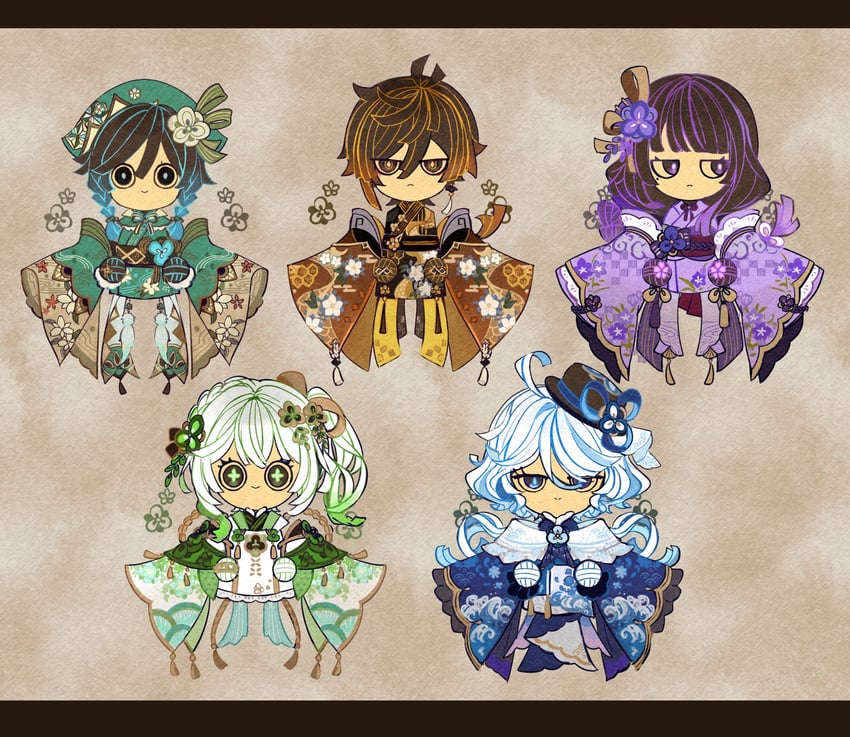 raiden shogun, furina, nahida, zhongli, venti, and 1 more (genshin impact) drawn by tgf_pic