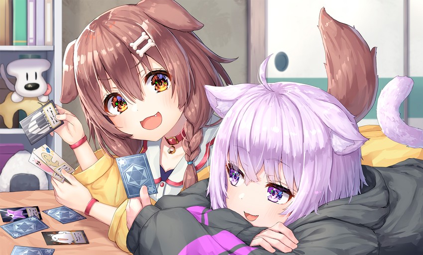 nekomata okayu, inugami korone, listener, onigirya, hoso-inu, and 1 more (hololive) drawn by pensuke