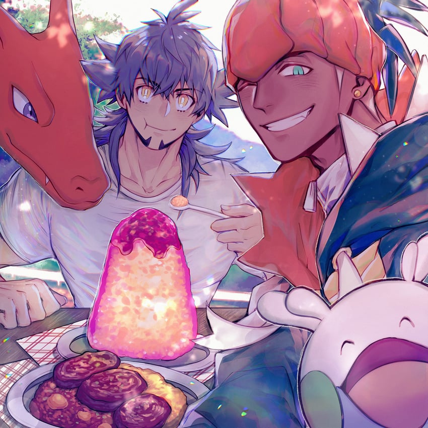 leon, raihan, charizard, and goomy (pokemon and 1 more) drawn by chiyo_(miichiyochin)