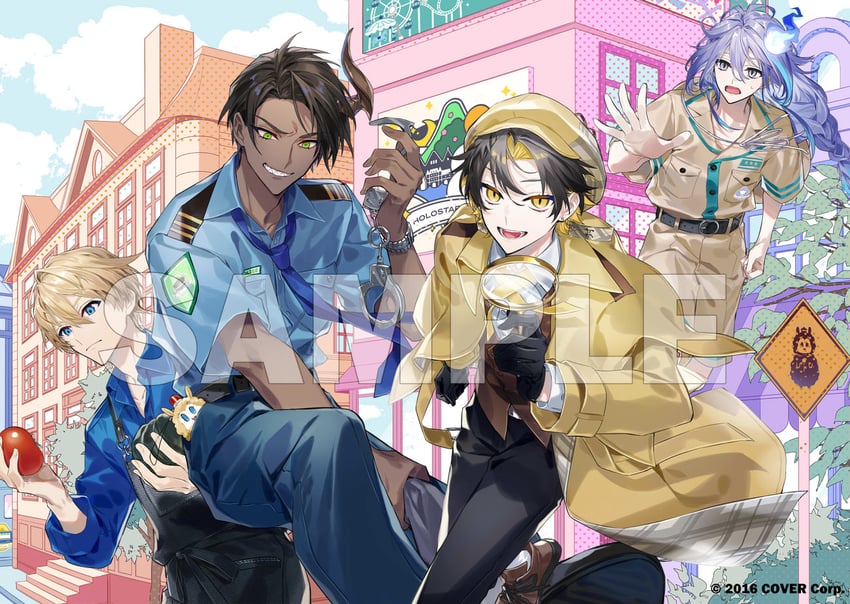 aragami oga, kishido temma, yatogami fuma, and minase rio (holostars) drawn by chashibu