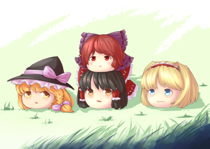 hakurei reimu, kirisame marisa, alice margatroid, and sekibanki (touhou) drawn by furim