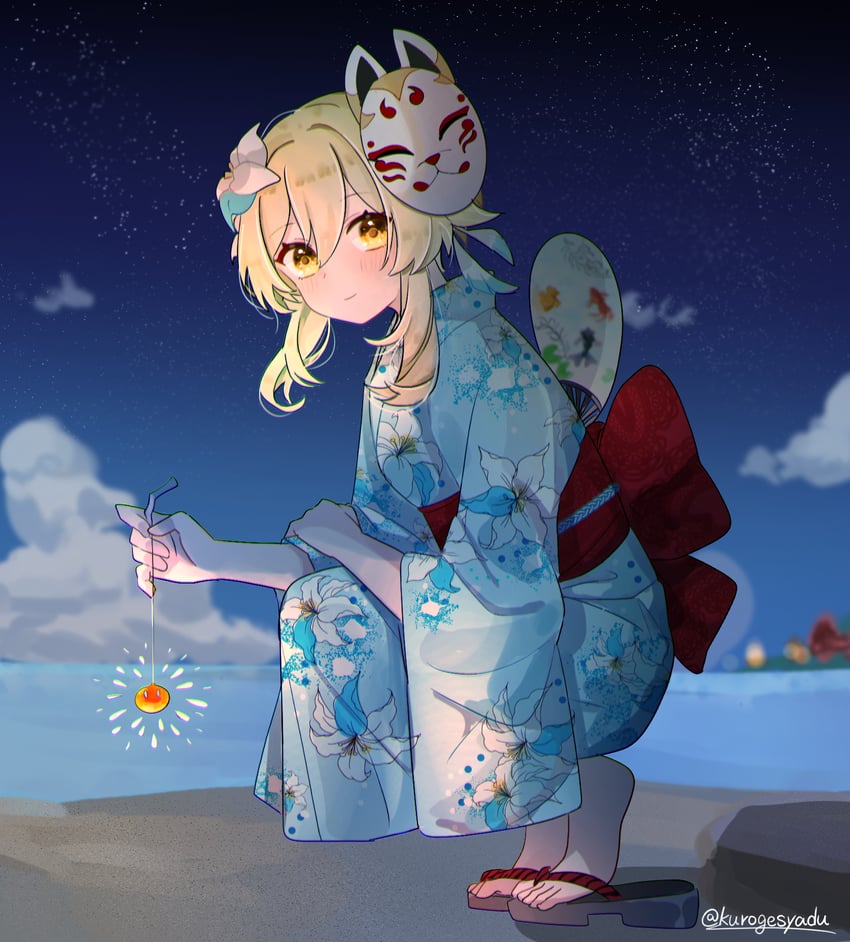 lumine, slime, and pyro slime (genshin impact) drawn by kuromu_shado