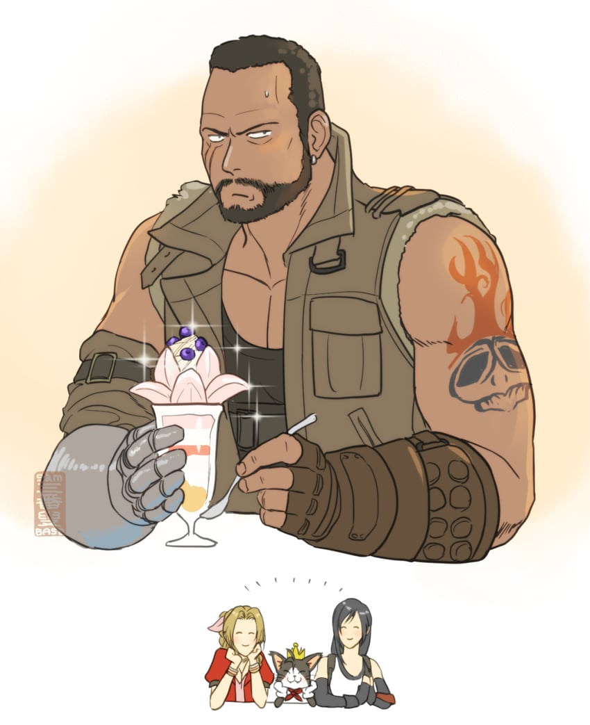 tifa lockhart, aerith gainsborough, barret wallace, and cait sith (final fantasy and 3 more) drawn by samba_s0