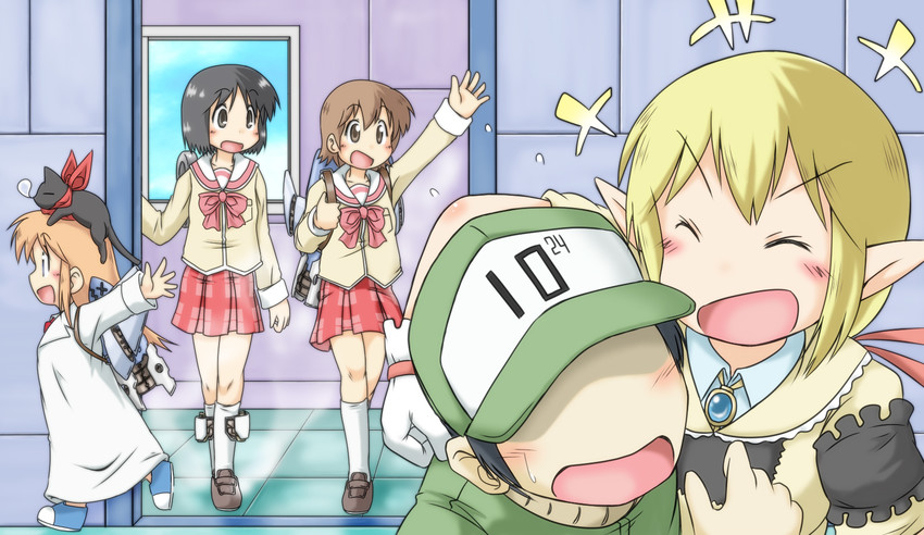 shinonome nano, aioi yuuko, professor shinonome, sakamoto, and princess starla (nichijou) drawn by gaketsu