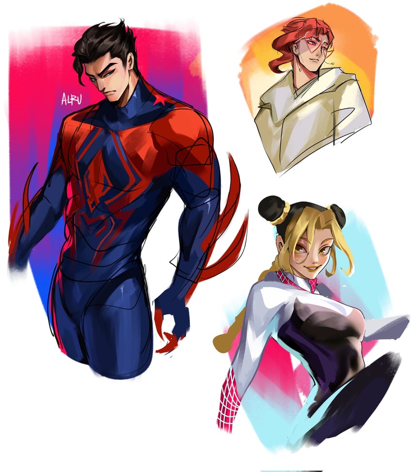 kujo jotaro, kujo jolyne, kakyoin noriaki, spider-gwen, spider-man, and 1 more (jojo no kimyou na bouken and 6 more) drawn by 011012_art