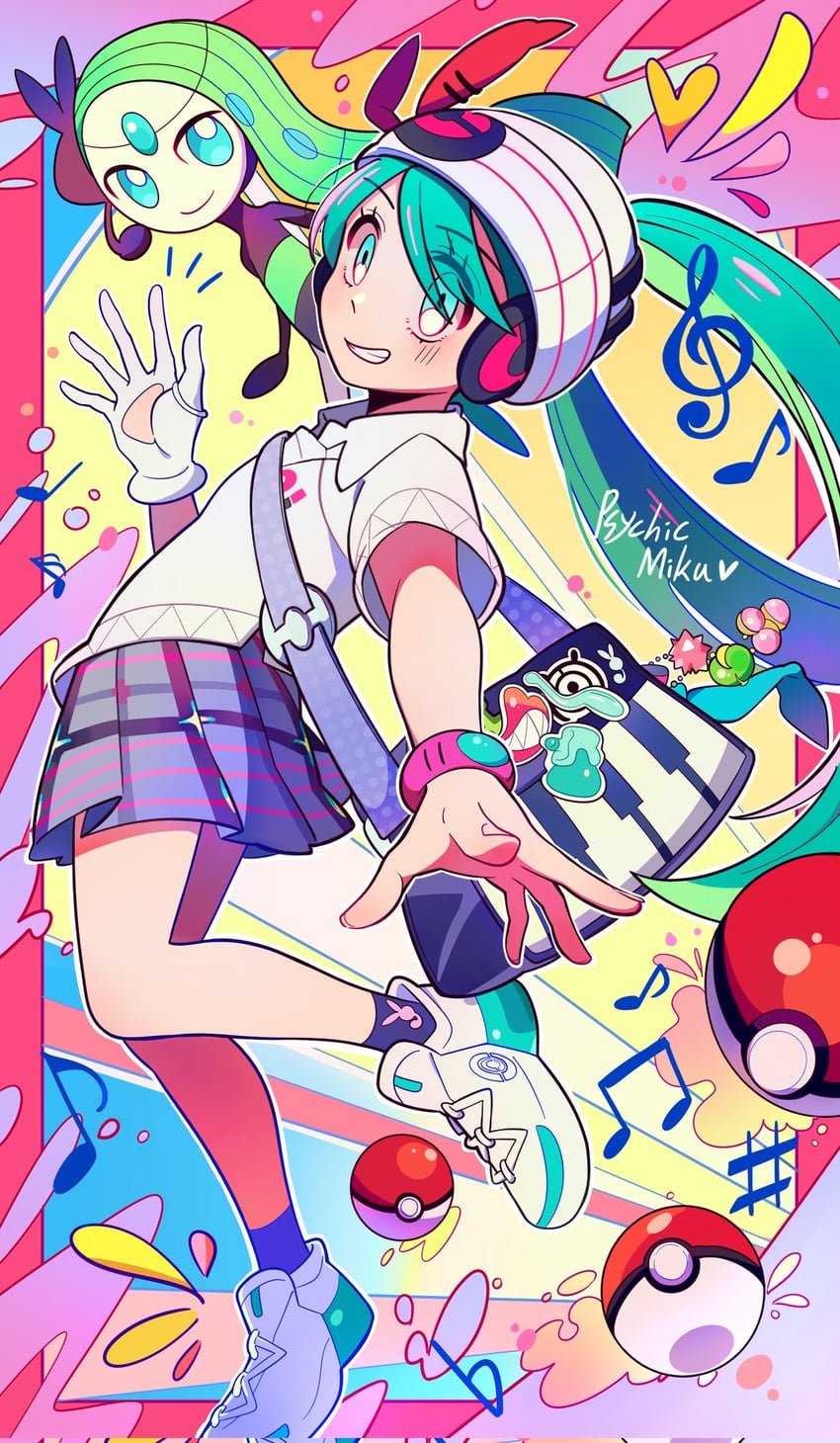 hatsune miku, meloetta, unown, psychic miku, and unown m (pokemon and 2 more) drawn by selyg15
