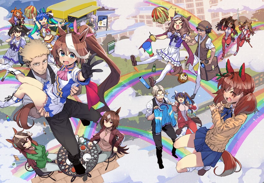 trainer, tokai teio, kitasan black, symboli rudolf, twin turbo, and 8 more (umamusume) drawn by hidori_(hibi_toridori)