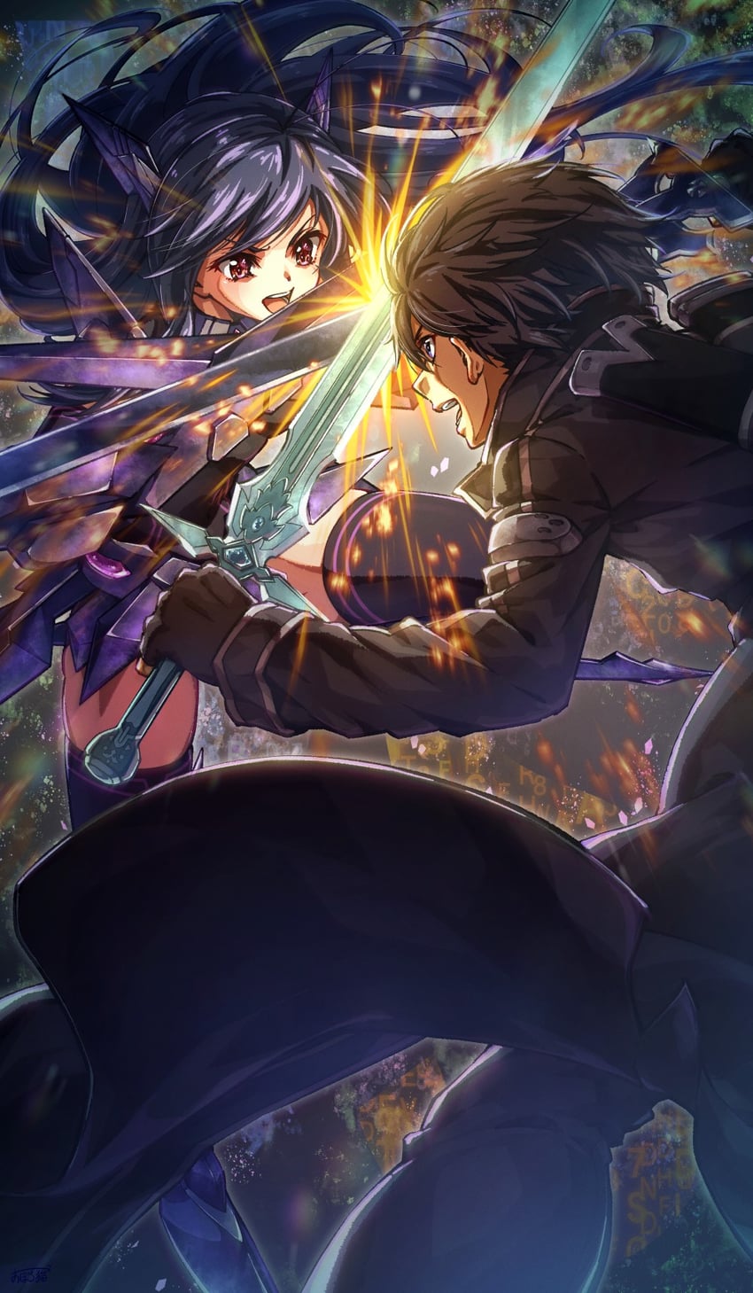 kirito and kuroyukihime (sword art online and 1 more) drawn by oboro_neko