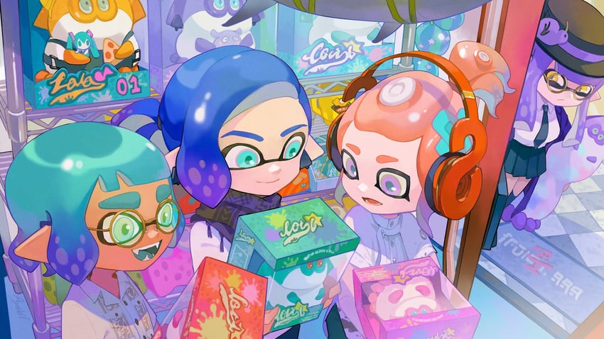 hatsune miku, inkling player character, inkling girl, octoling player character, octoling girl, and 1 more (vocaloid and 2 more) drawn by ayakii