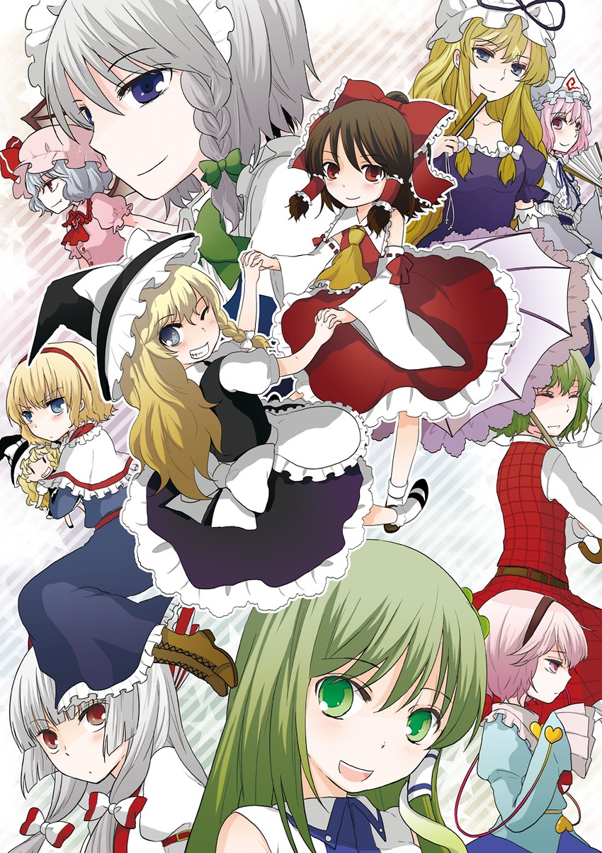 hakurei reimu, kirisame marisa, remilia scarlet, izayoi sakuya, kochiya sanae, and 6 more (touhou) drawn by satou_memeko