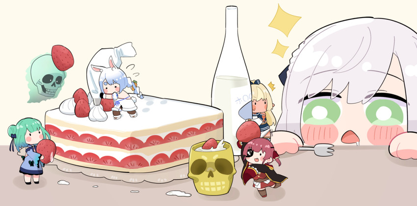 houshou marine, usada pekora, shirogane noel, uruha rushia, shiranui flare, and 2 more (hololive) drawn by sakana_(saka11205)